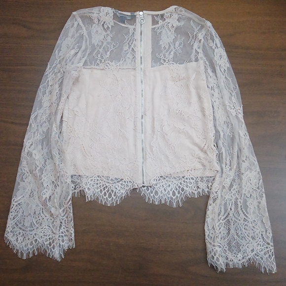 American Eagle Lacey Layered Polka-dot Long Bell Sleeve Zipper Back Blouse Top - Picture 13 of 16